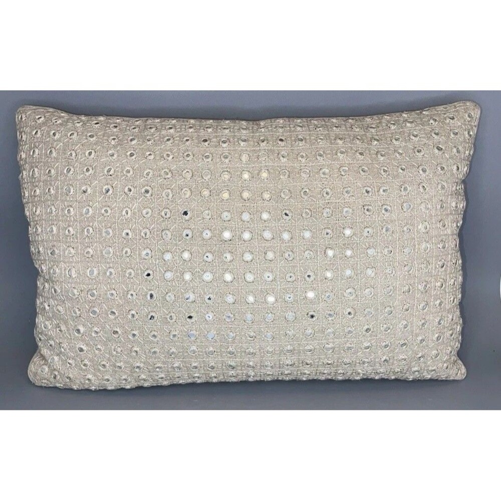 Dransfield Ross Linen Mirror Embroidered Accents Throw Pillow 17x10 Beige Boho
